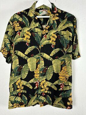 Paradise Found Mens Tropical Banana Tree Hawaiian Aloha Shirt Black/Green Pocket